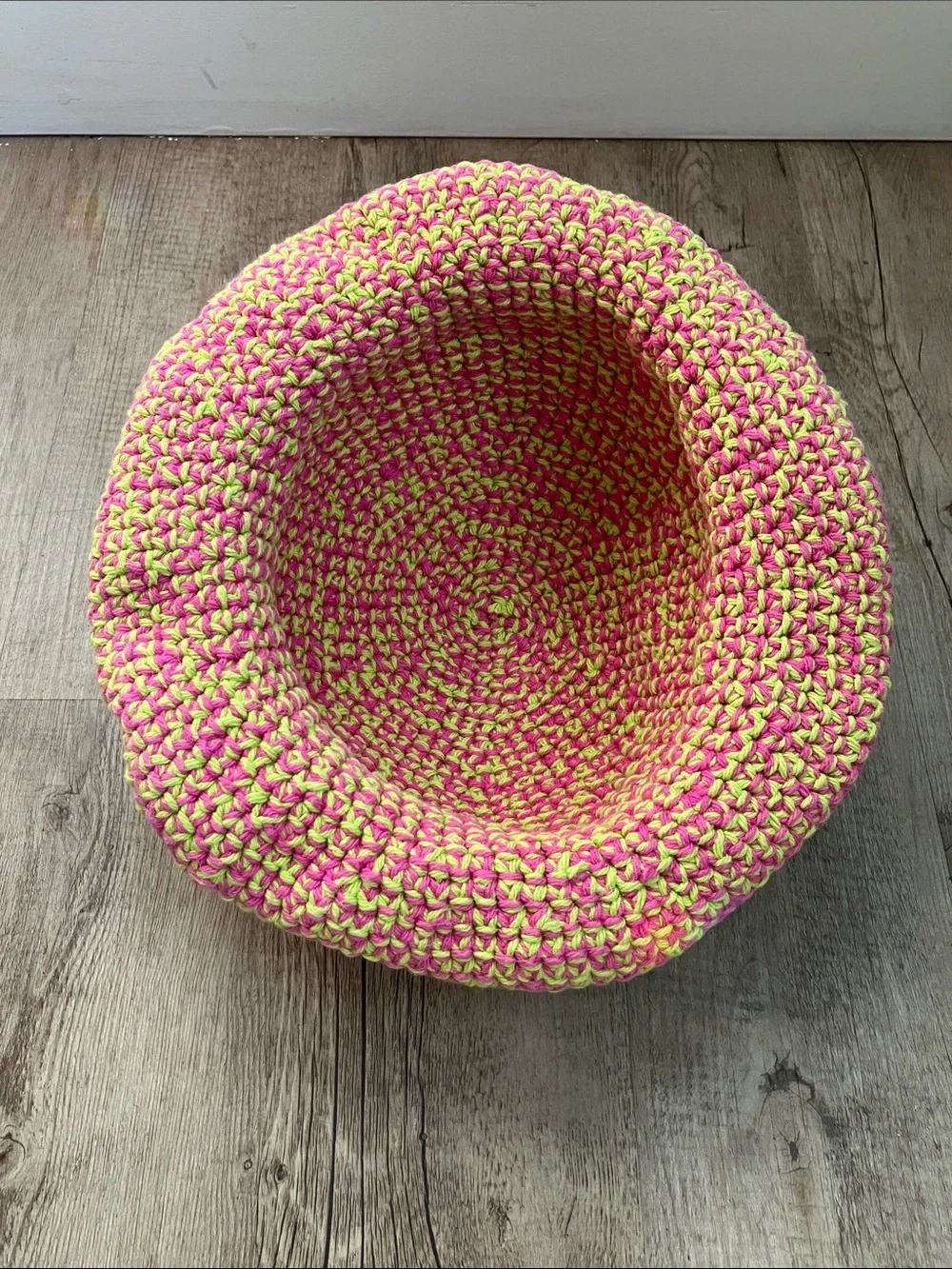 Handmade knit hat women's/kids. Pink and lime green
